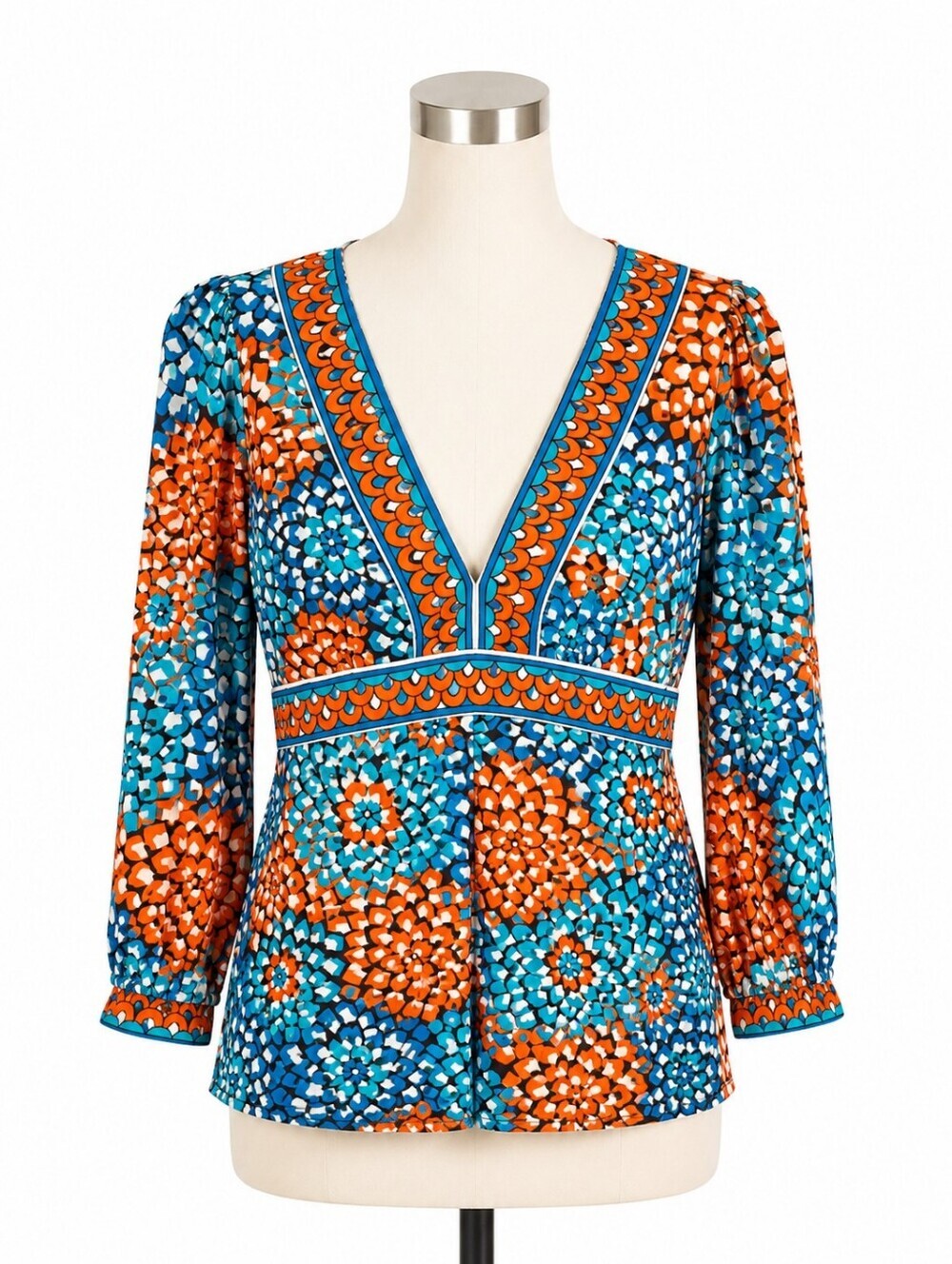 Eci New York Multicolor Mosaic Floral Babydoll V-Neck Tunic Top Sz M Y2K Boho